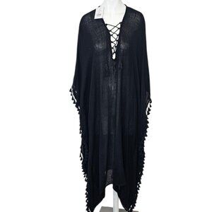 Walter Baker Acapulco Kaftan, Black, Pullover, Tassel Fringe, Swim Cover Up,Boho